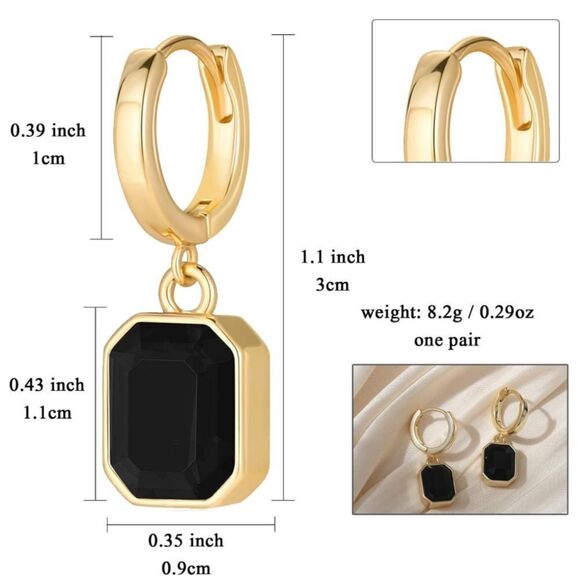 18K Yellow Gold with Black Onyx Crystal Dangling Octagon Huggie Earrings - Picture 2 of 6
